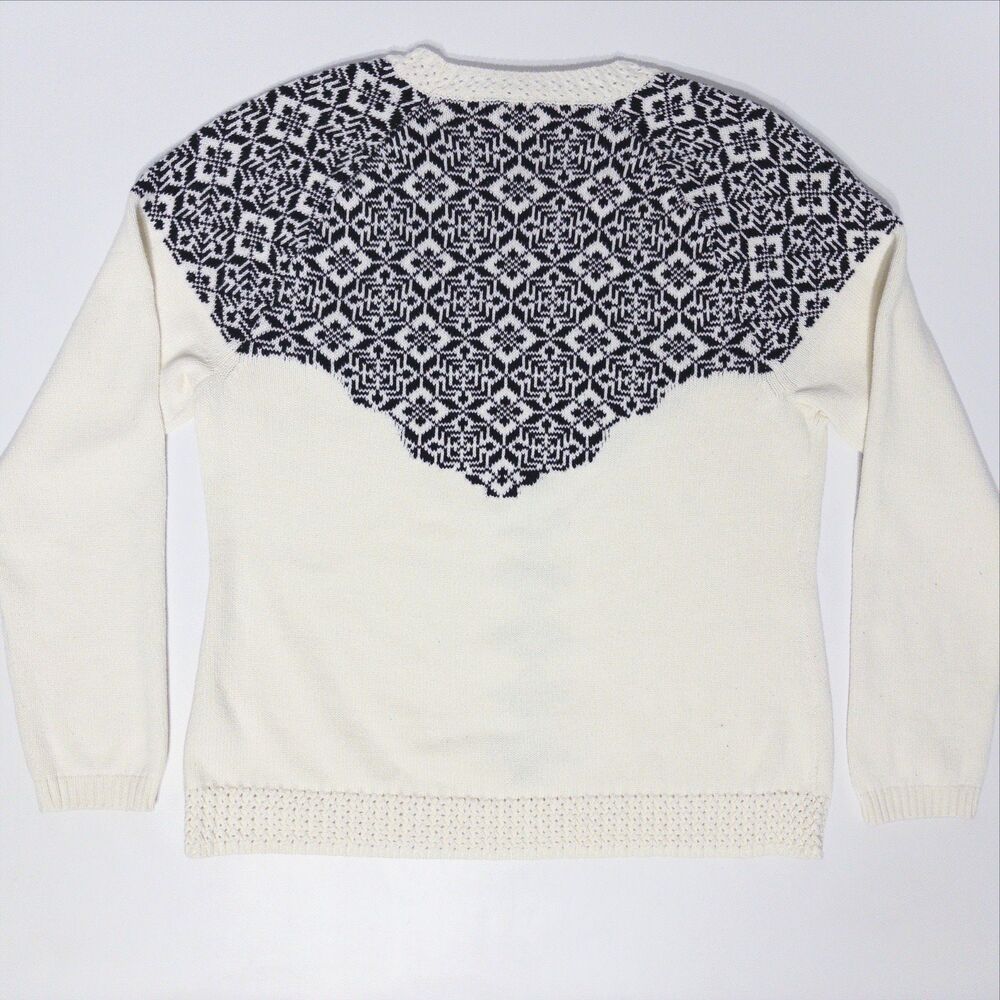 Talbots Ivory White & Black Fair Isle 100% Cotton Knit Sweater Women Size L (B5) - Picture 4 of 8